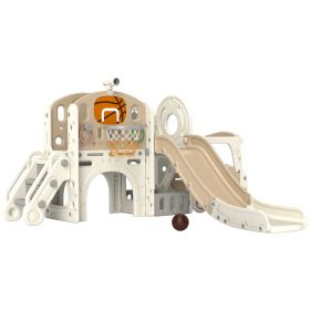 Qaba 9 in 1 Toddler Slide for Kids Ages 1-6 with Bus Front, Basketball Hoop, Climber, Storage Space, Ring Toss, Cream White