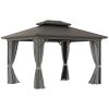 Outsunny Hardtop Gazebo 10x12 ft Aluminum Frame Metal Roof w Curtains Netting for Garden Patio Gray