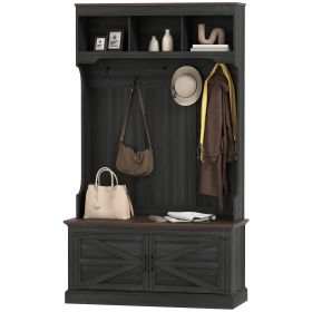 HOMCOM 3-in-1 Hall Tree with Shoe Storage, Coat Rack with Bench, Entryway Furniture with Five Hooks, Black Wood Grain