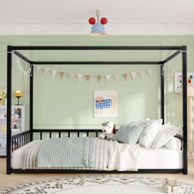 Full size sunshade floor bed, iron double-size bed frame, modern low-profile double-size bed, equipped with fence-style guardrails, black series