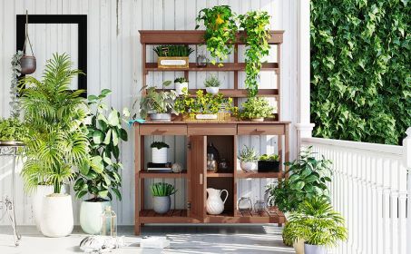TOPMAX 66" Large Outdoor Farmhouse Wooden Potting Bench Table, Garden Workstation with 2 Drawers, Cabinet and Open Shelves for Backyard, Mudroom