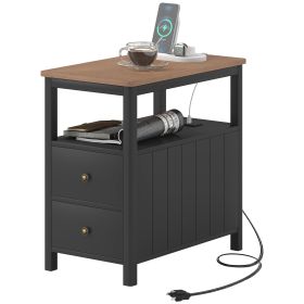 HOMCOM Side Table with Charging Station and USB Ports, Narrow End Table with Drawers, Shelf for Living Room, Black