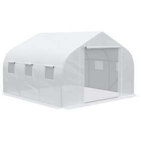 Outsunny Outdoor Walk-In Tunnel Greenhouse 12x10 ft with Roll-up Windows Zippered Door White PE Cover for Garden