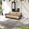 Outsunny 3 Person Wicker Hanging Outdoor Patio Porch Swing Bench with Cup Holders, Cushions, and Chains, Brown