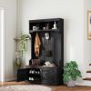 HOMCOM 3-in-1 Hall Tree with Shoe Storage, Coat Rack with Bench, Entryway Furniture with Five Hooks, Black Wood Grain