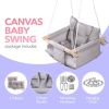Canvas Baby Swing Wooden Hanging Swing Seat Chair with Safety Belt Durable Baby Swing Chair Outdoor and Indoor Swing for Kids Mounting Hardware Includ