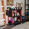 HOMCOM 3-Tier Rolling Tool Cart, 200 LBS Capacity Plastic Utility Cart with Side Shelf and Storage Bucket, Black & Red
