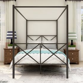 Metal Canopy Bed Frame, Platform Bed Frame With X Shaped Frame Full Black (Option: Queen)