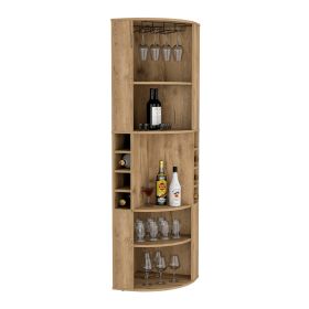 Agra Corner Bar Cabinet with Five Shelves, Eight Bottle Cubbies and Stemware (Material: Manufactured Wood, Color: Macadamia)