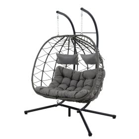 2 Persons Egg Chair with Stand Indoor Outdoor Swing Chair Patio Wicker Hanging Egg Chair Hanging Basket Chair with Stand for Bedroom Living Room (Color: as Pic)